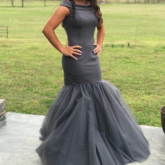 Sherri Hill Charcoal Gown with Tulle Skirt - Picture 14 of 15